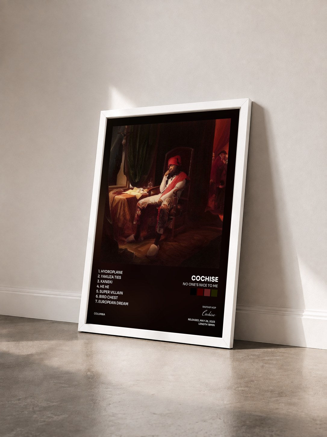 #blanc Tableau de l'album NO ONE'S NICE TO ME de Cochise vu de trois quarts, cadre blanc