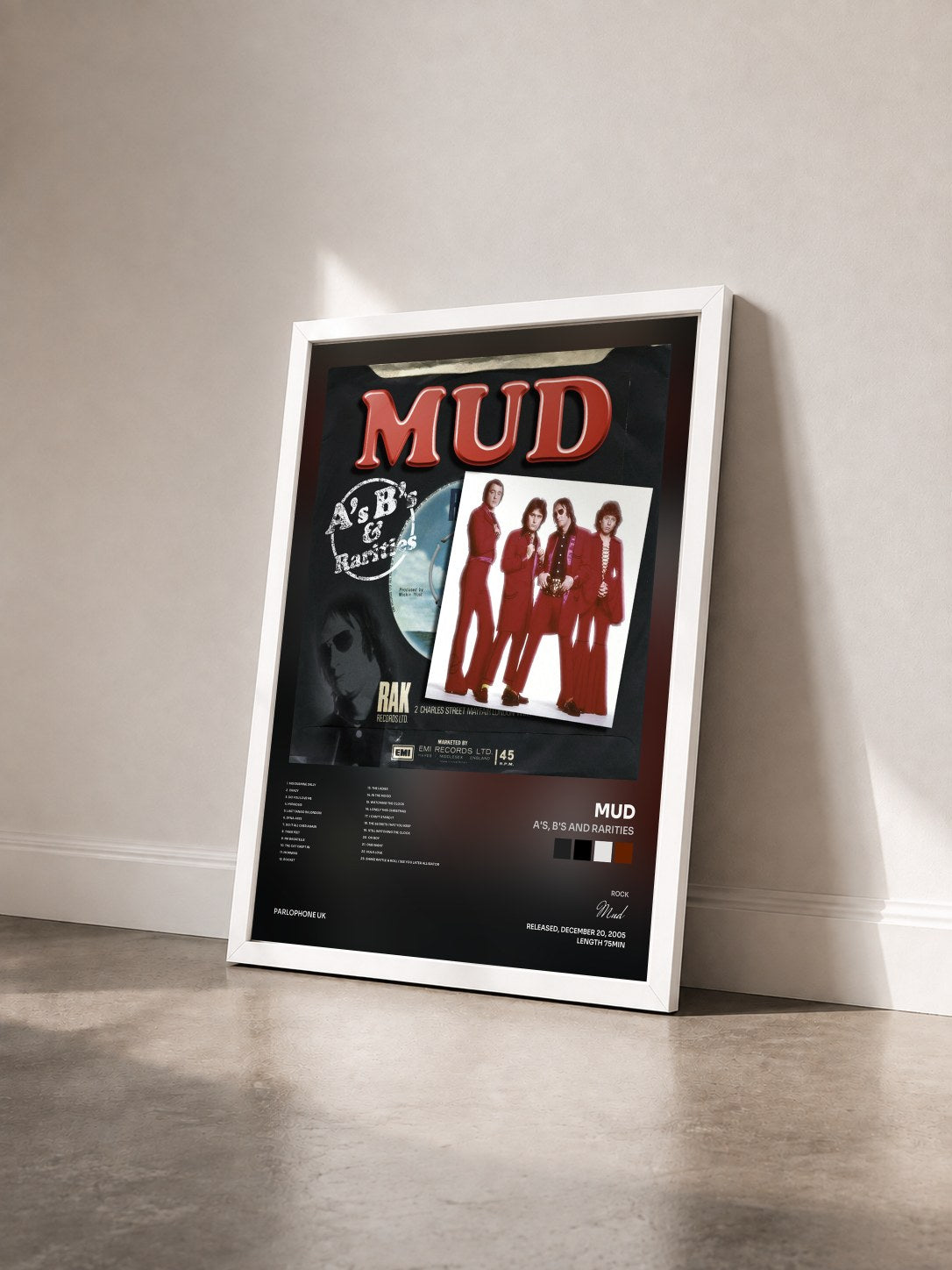 #blanc Tableau de l'album A's, B's And Rarities de Mud vu de trois quarts, cadre blanc