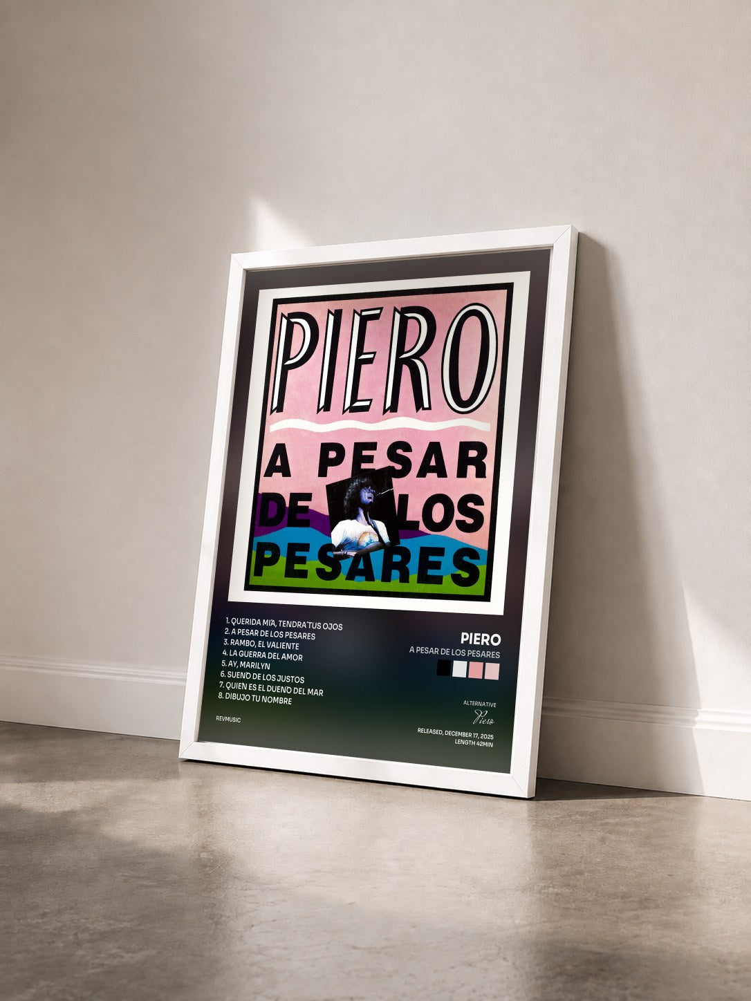 #blanc Tableau de l'album A Pesar de los Pesares de Piero vu de trois quarts, cadre blanc