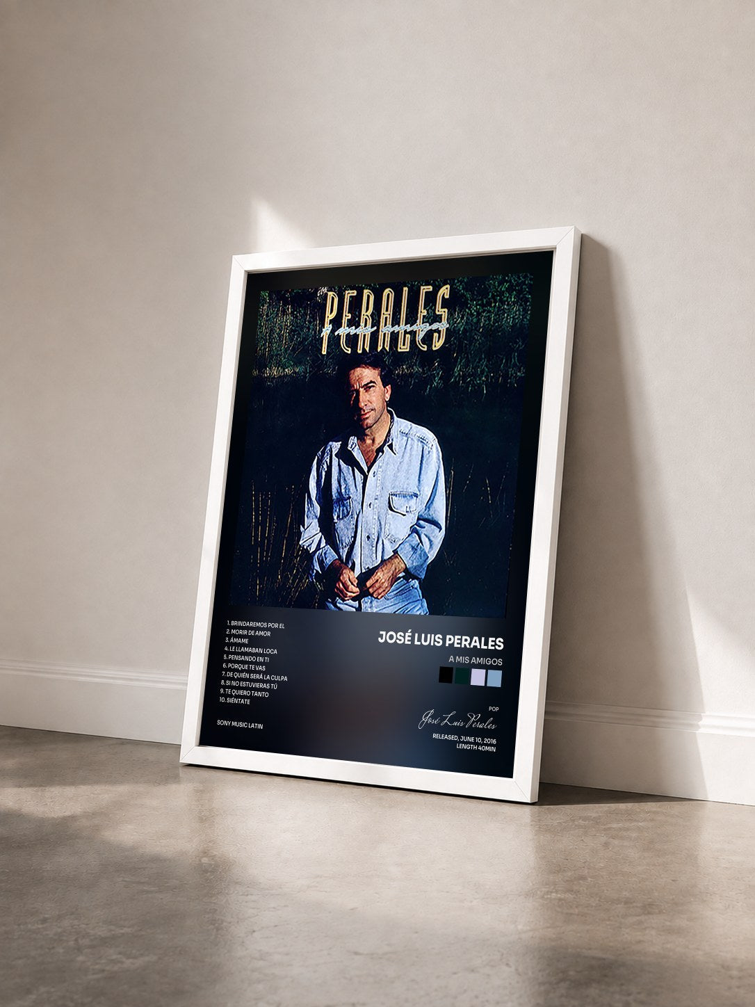 #blanc Tableau de l'album A Mis Amigos de José Luis Perales vu de trois quarts, cadre blanc