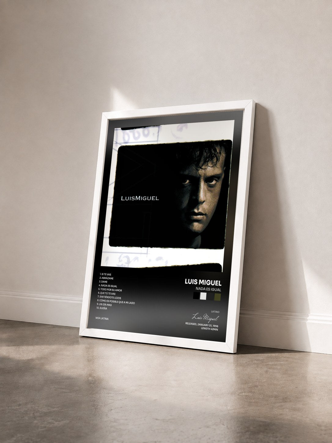 #blanc Tableau de l'album Nada Es Igual de Luis Miguel vu de trois quarts, cadre blanc