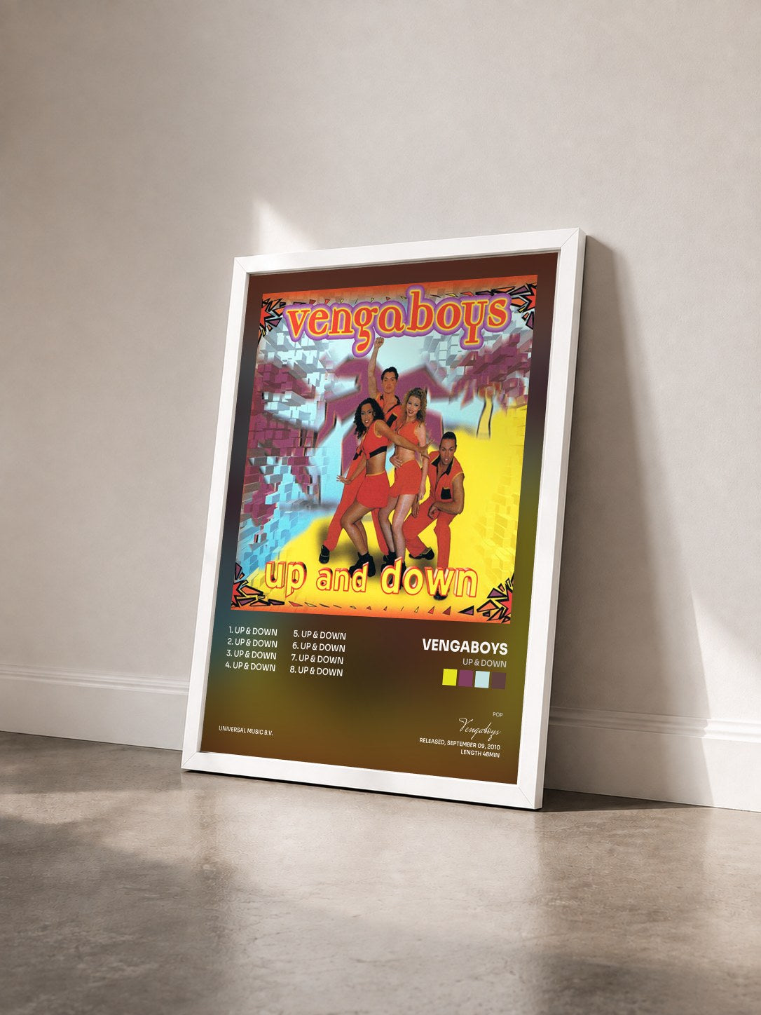 #blanc Tableau de l'album Up & Down de Vengaboys vu de trois quarts, cadre blanc