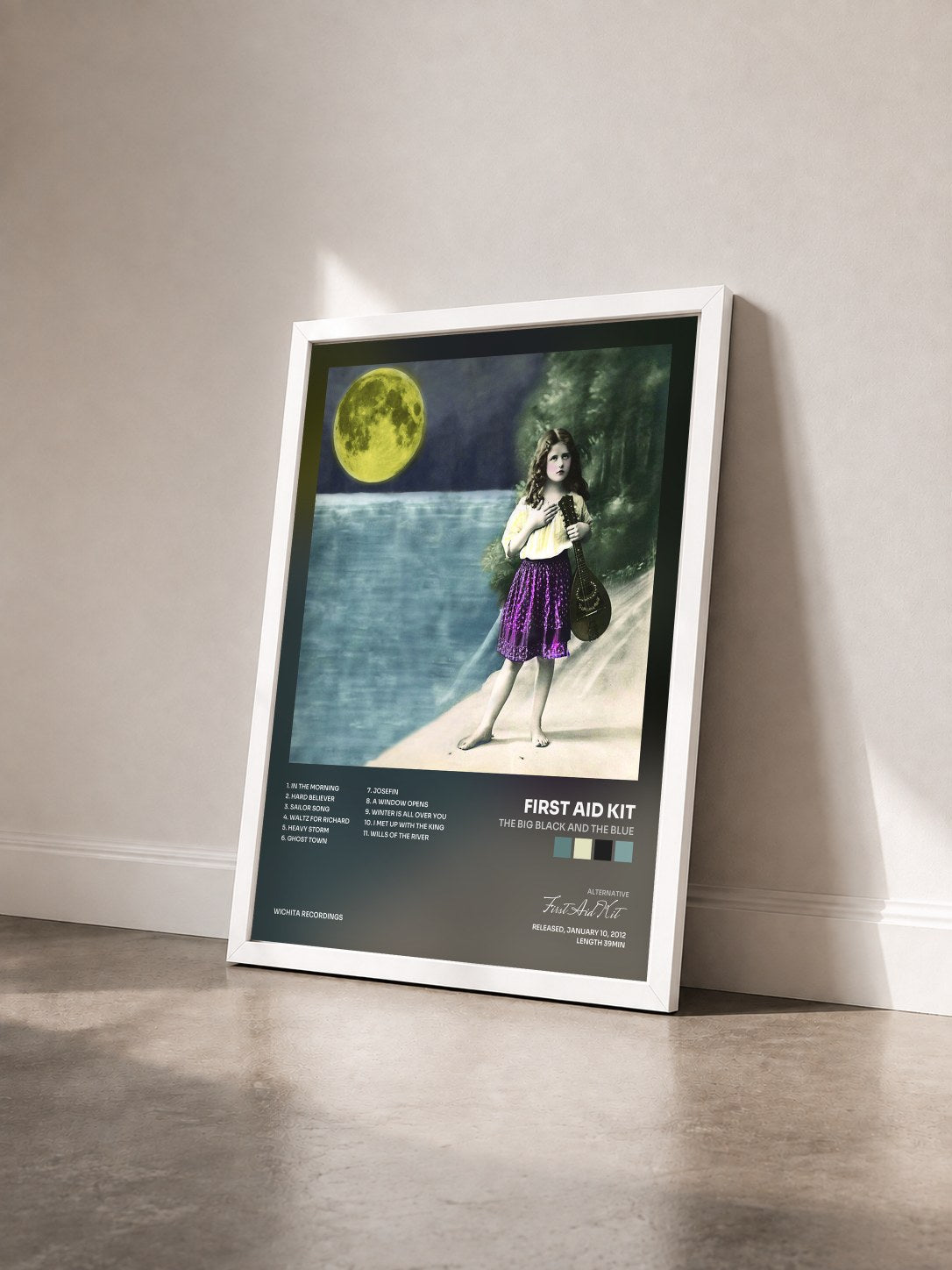 #blanc Tableau de l'album The Big Black and the Blue de First Aid Kit vu de trois quarts, cadre blanc