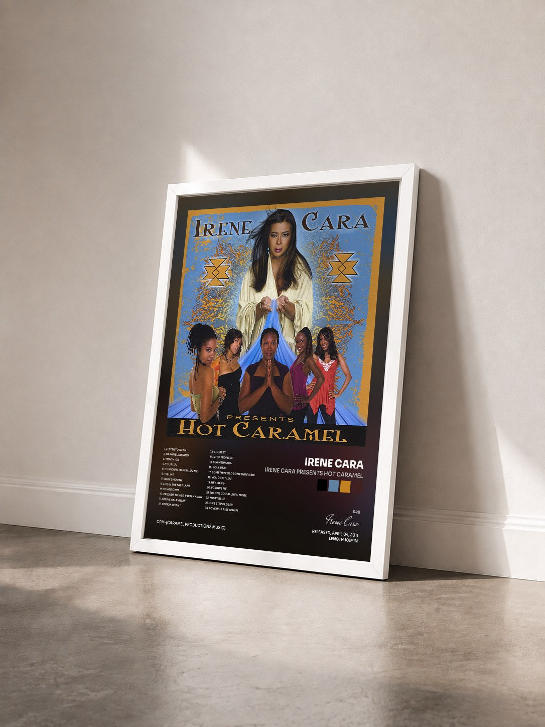 #blanc Tableau de l'album Irene Cara Presents Hot Caramel de Irene Cara vu de trois quarts, cadre blanc
