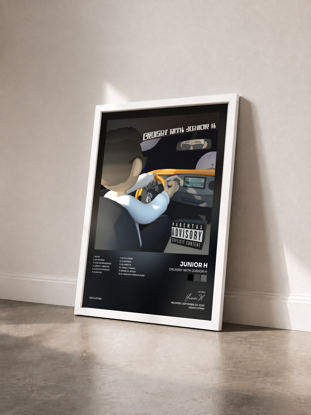 #blanc Tableau de l'album Cruisin' with Junior H de Junior H vu de trois quarts, cadre blanc
