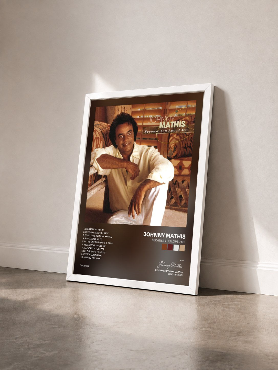 #blanc Tableau de l'album Because You Loved Me de Johnny Mathis vu de trois quarts, cadre blanc