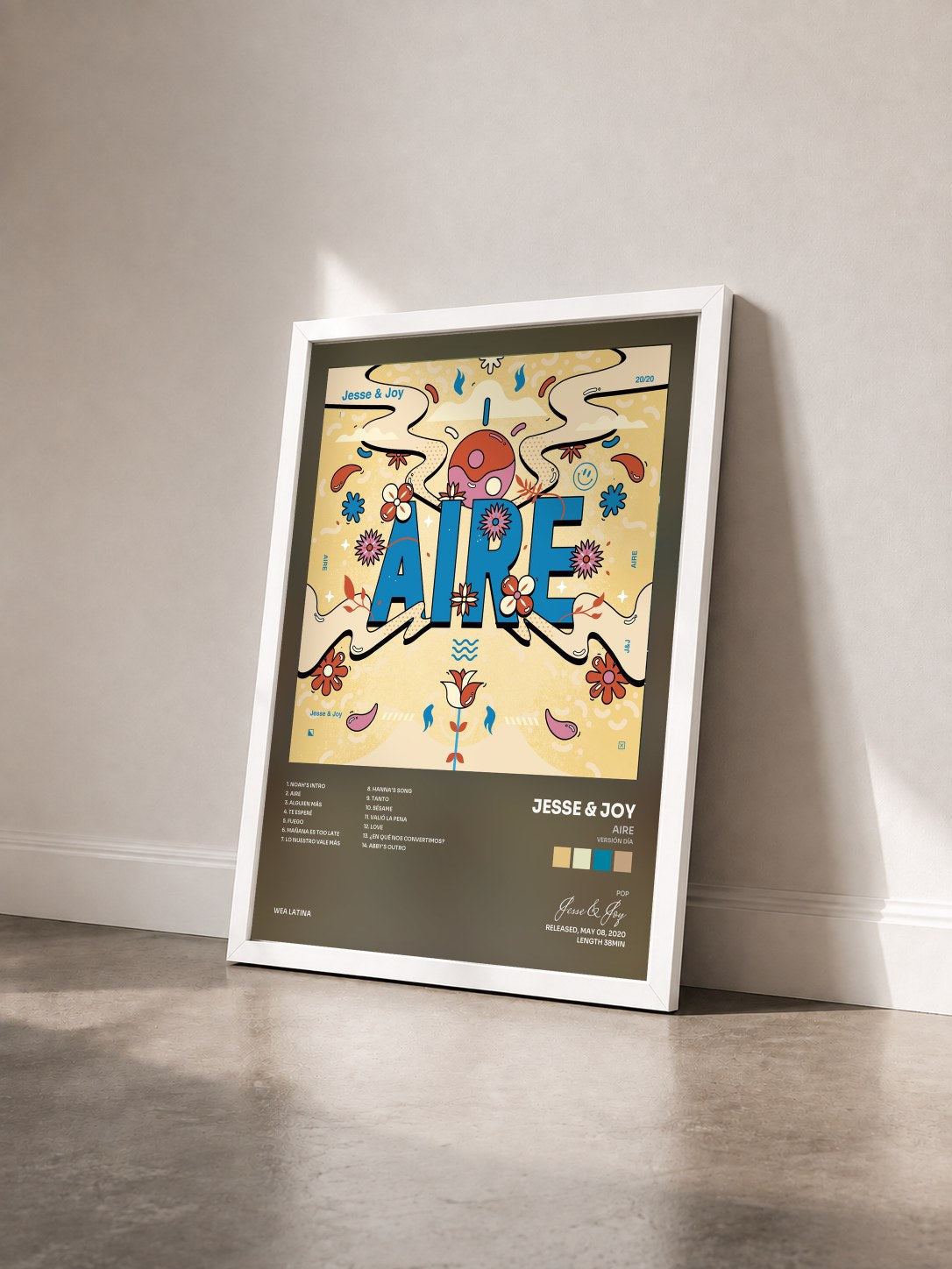 #blanc Tableau de l'album Aire (Versión Día) de Jesse & Joy vu de trois quarts, cadre blanc
