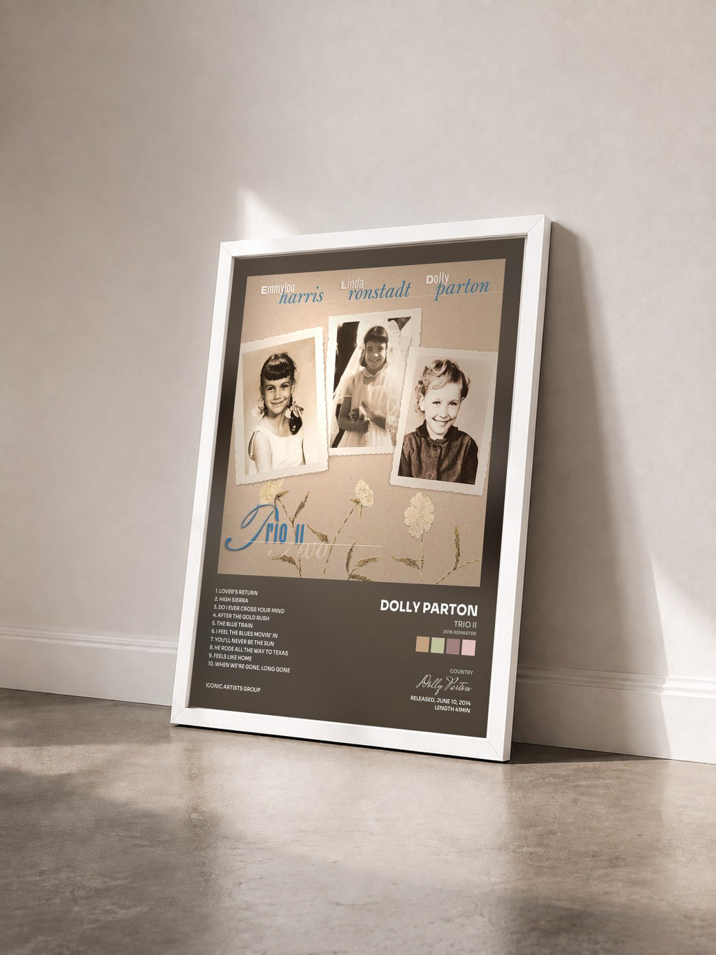 #blanc Tableau de l'album Trio II (2016 Remaster) de Dolly Parton vu de trois quarts, cadre blanc
