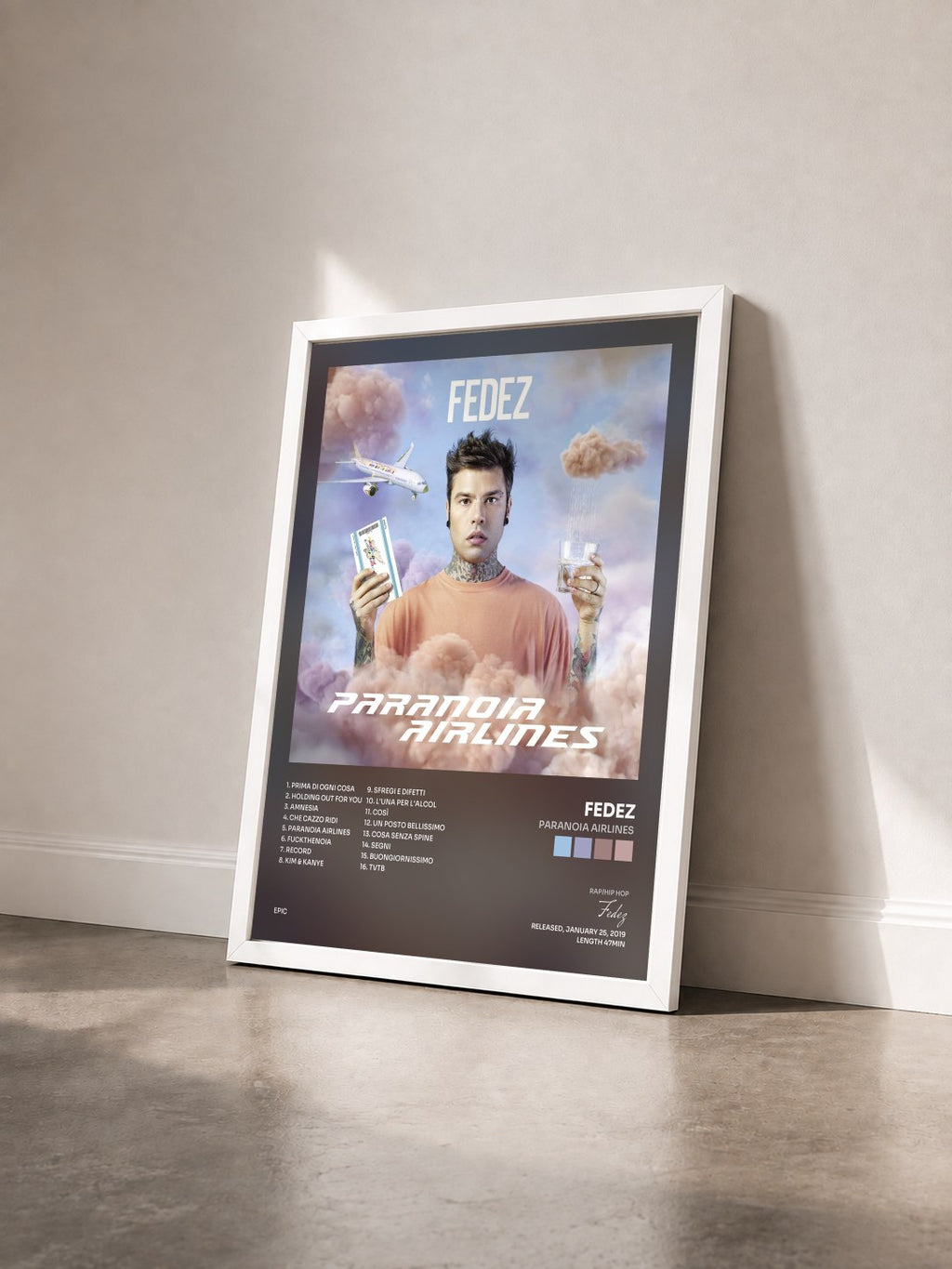 #blanc Tableau de l'album Paranoia Airlines de Fedez vu de trois quarts, cadre blanc