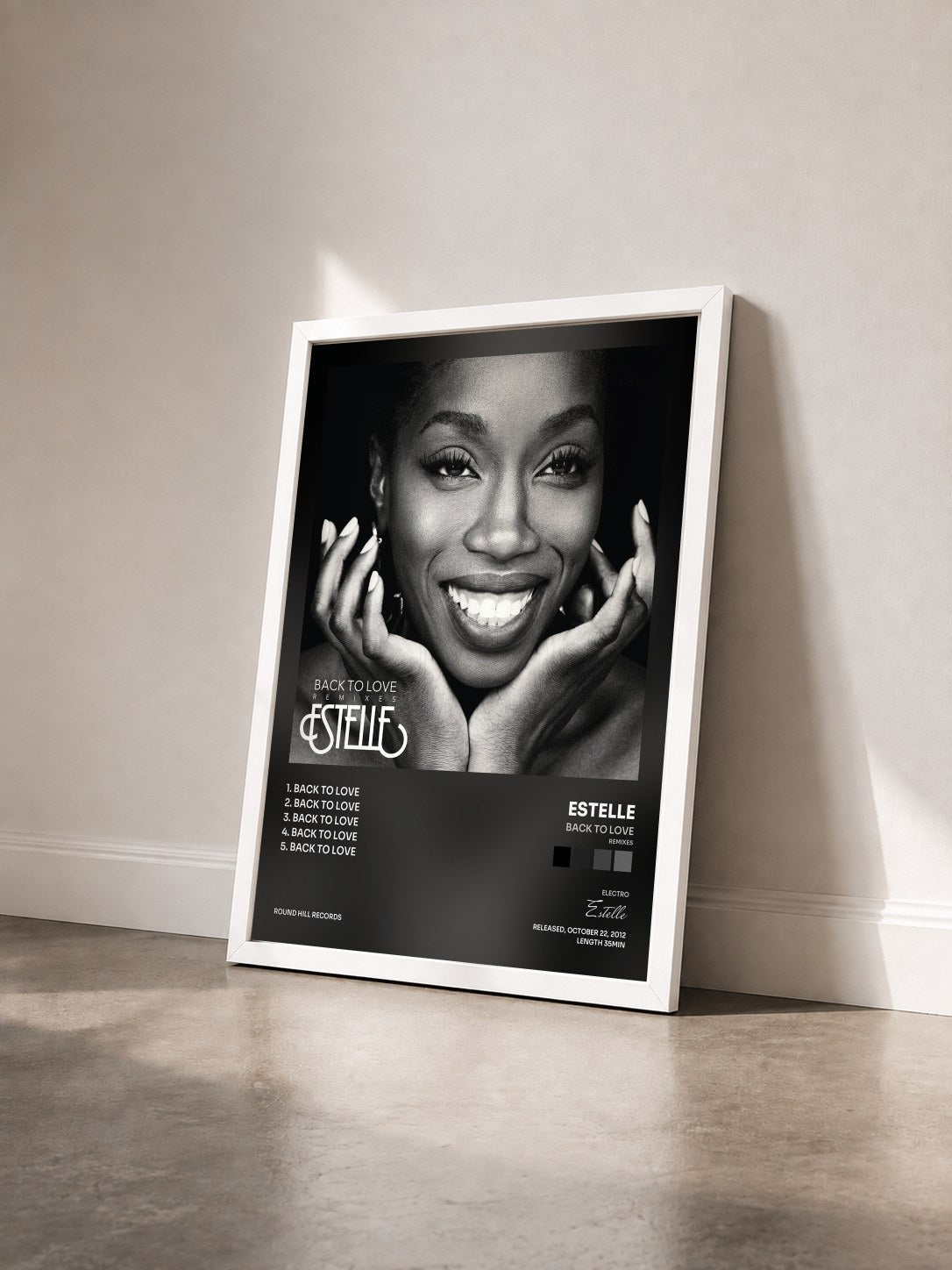 #blanc Tableau de l'album Back to Love (Remixes) de Estelle vu de trois quarts, cadre blanc