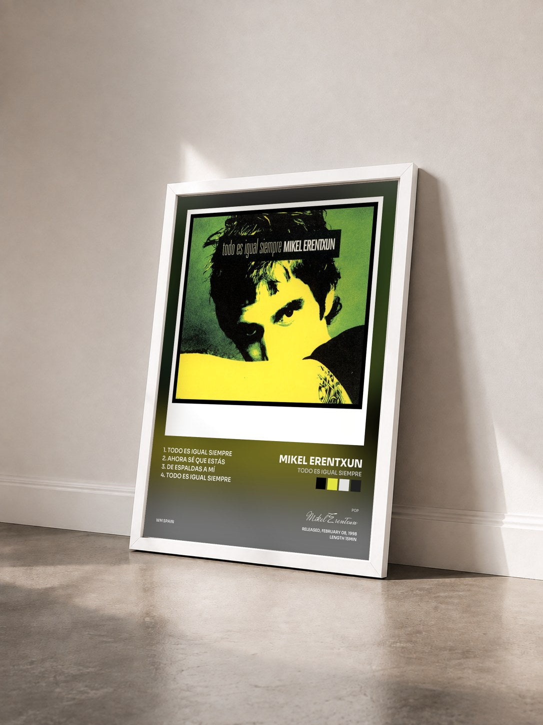 #blanc Tableau de l'album Todo Es Igual Siempre de Mikel Erentxun vu de trois quarts, cadre blanc