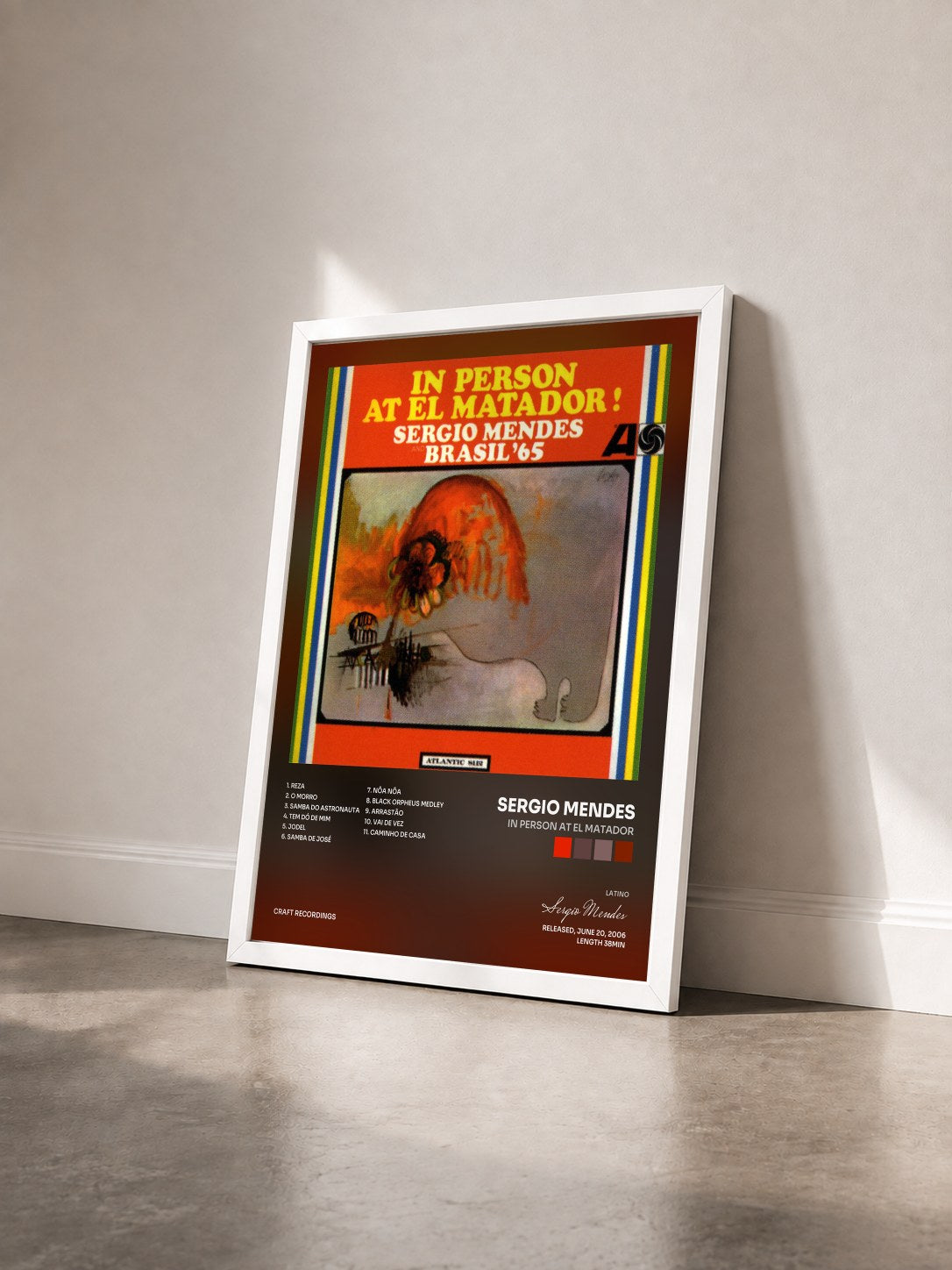 #blanc Tableau de l'album In Person At El Matador de Sergio Mendes vu de trois quarts, cadre blanc