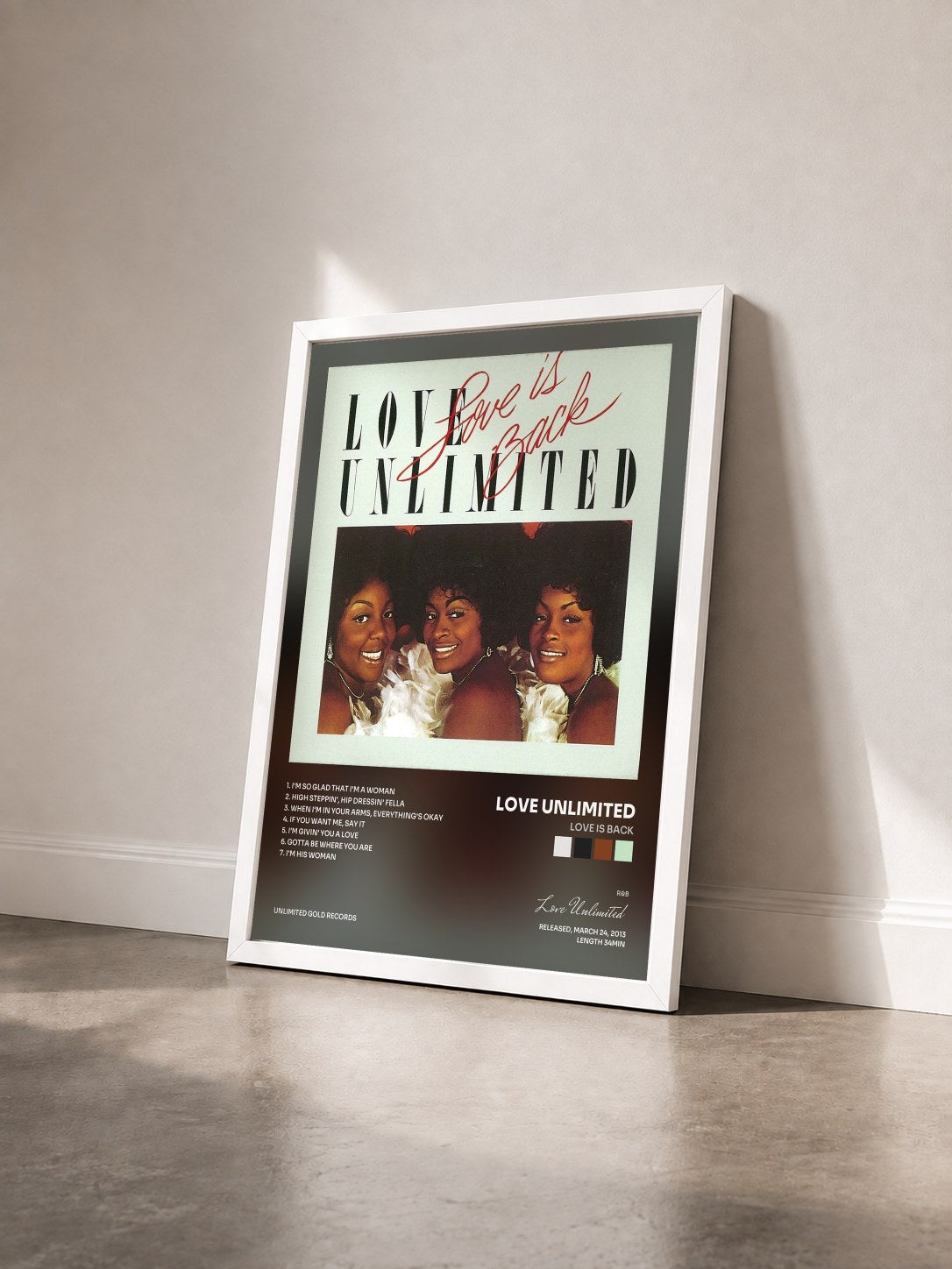 #blanc Tableau de l'album Love is Back de Love Unlimited vu de trois quarts, cadre blanc
