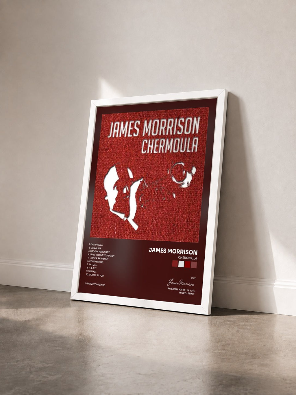 #blanc Chermoula by James Morrison as a framed art print seen at an angle, white frame