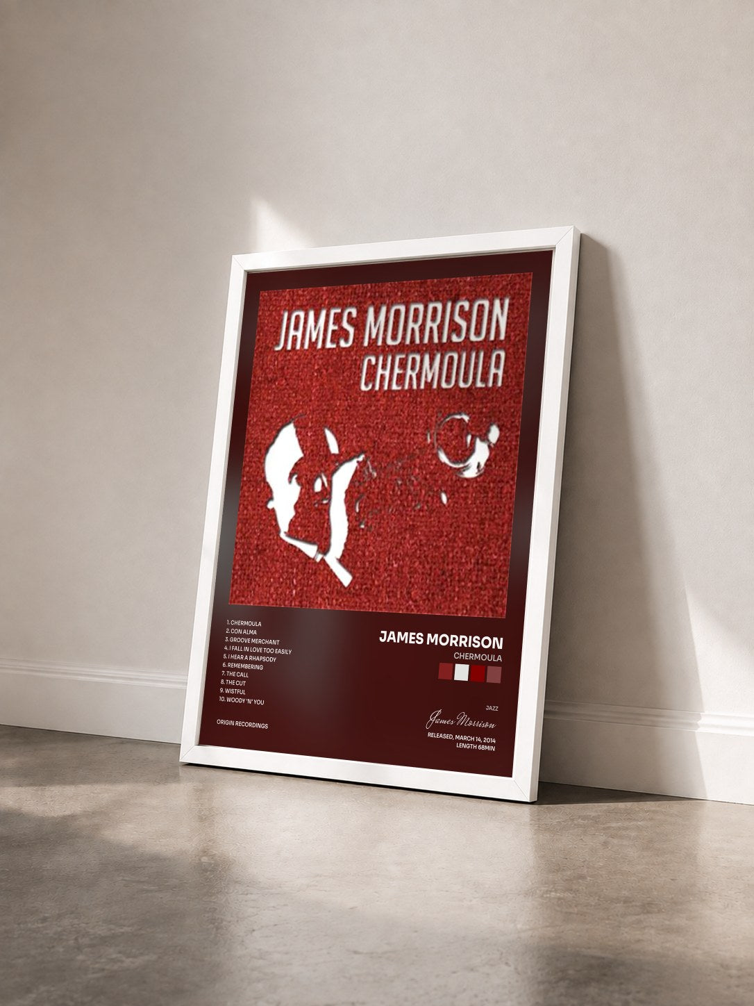 #blanc Tableau de l'album Chermoula de James Morrison vu de trois quarts, cadre blanc