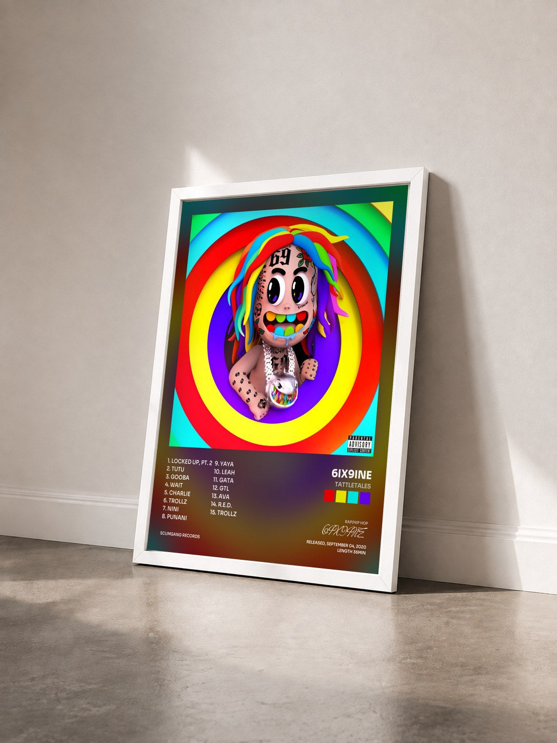 #blanc Tableau de l'album TattleTales de 6IX9INE vu de trois quarts, cadre blanc