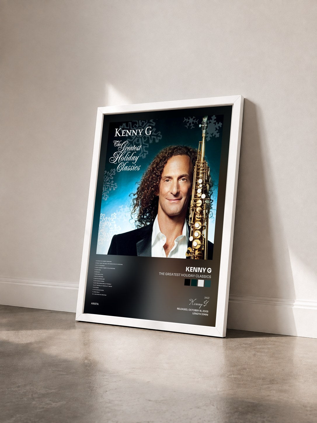 #blanc Tableau de l'album The Greatest Holiday Classics de Kenny G vu de trois quarts, cadre blanc