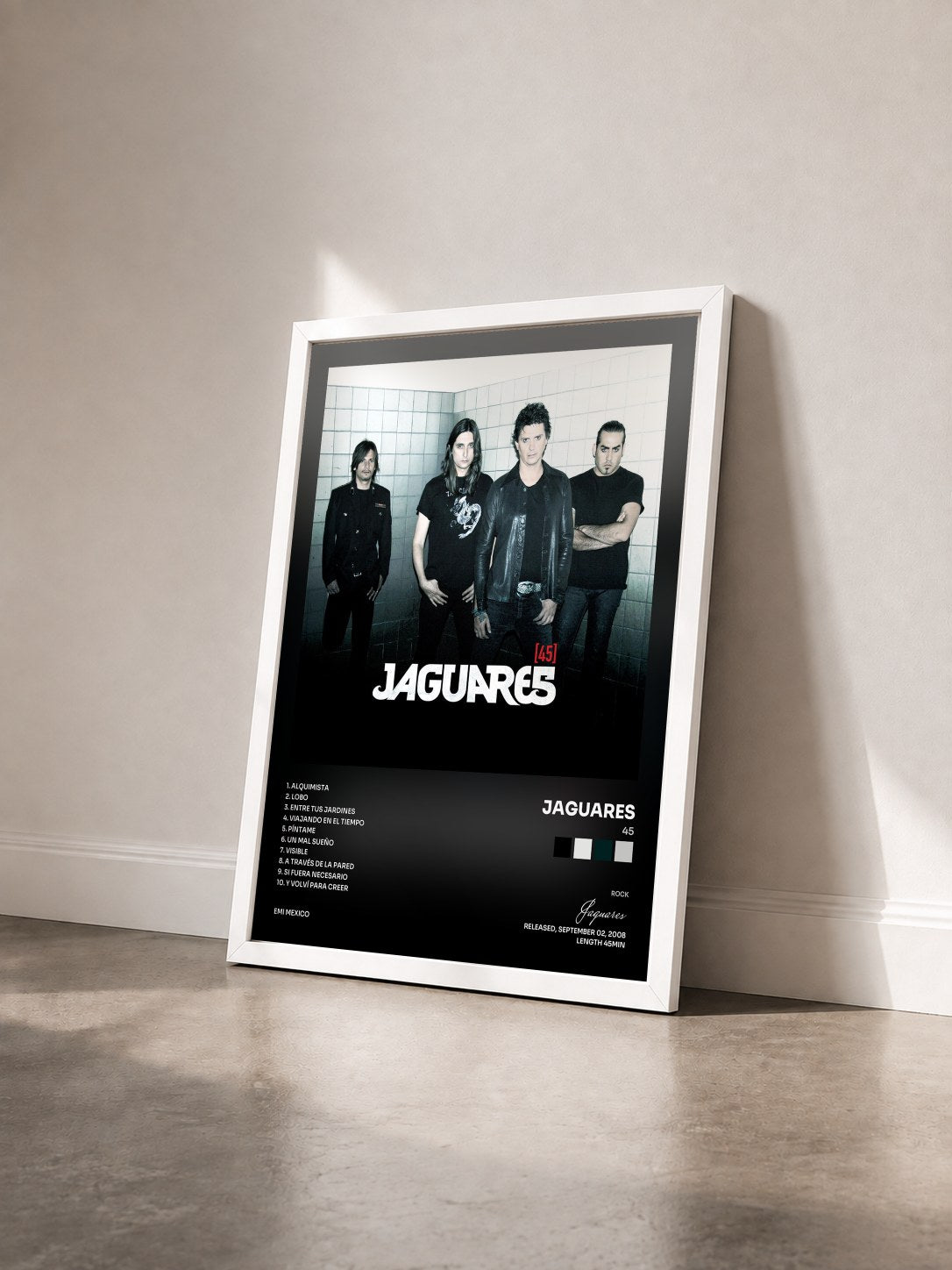 #blanc Tableau de l'album 45 de Jaguares vu de trois quarts, cadre blanc