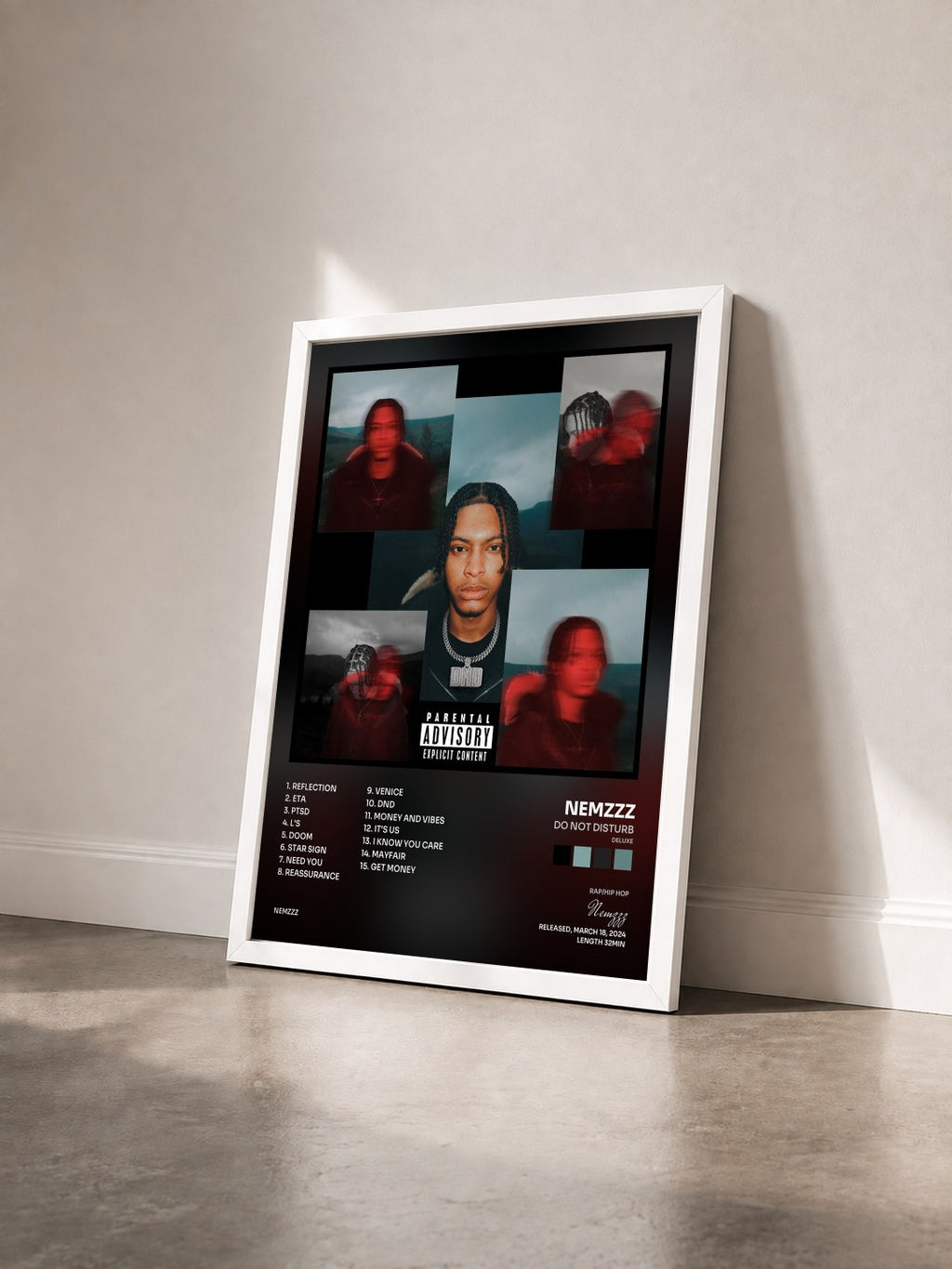 #blanc Tableau de l'album DO NOT DISTURB (DELUXE) de Nemzzz vu de trois quarts, cadre blanc