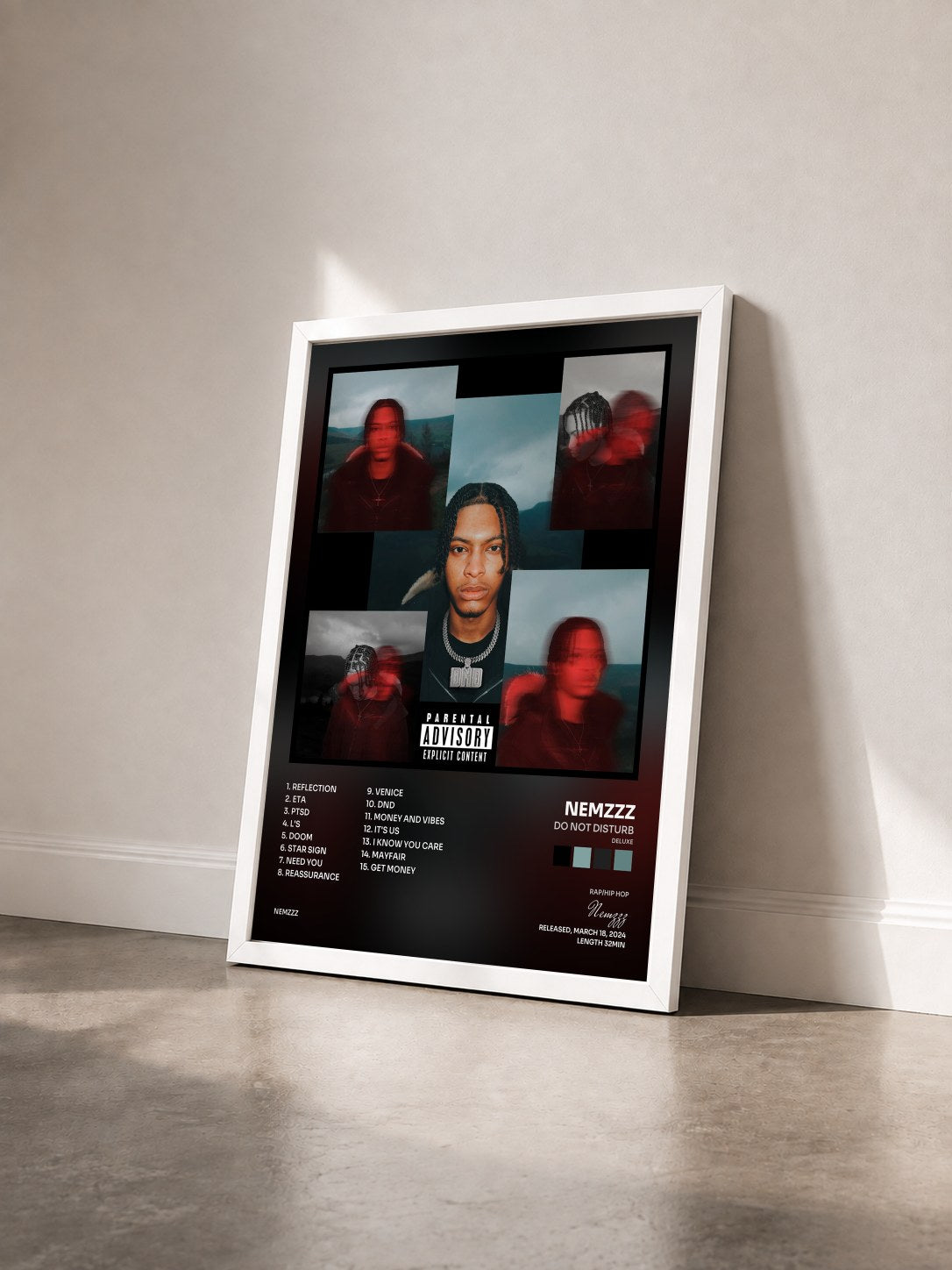#blanc Tableau de l'album DO NOT DISTURB (DELUXE) de Nemzzz vu de trois quarts, cadre blanc