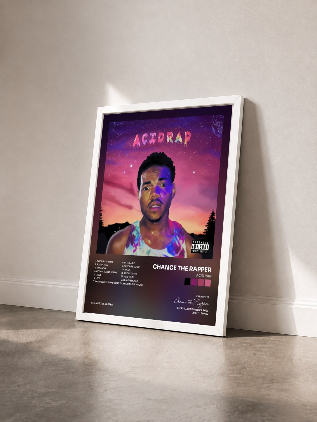 #blanc Tableau de l'album Acid Rap de Chance the Rapper vu de trois quarts, cadre blanc