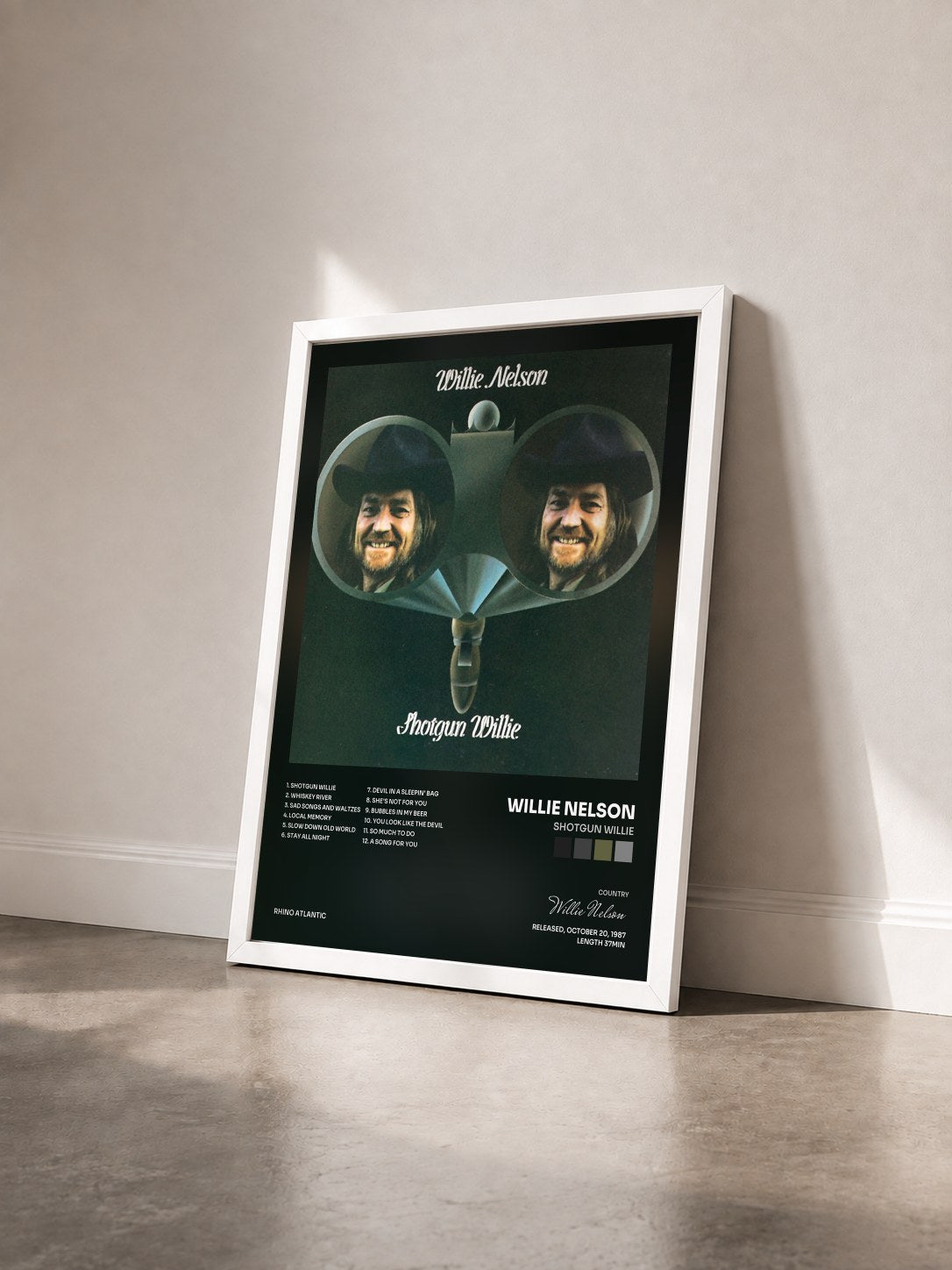 #blanc Tableau de l'album Shotgun Willie de Willie Nelson vu de trois quarts, cadre blanc