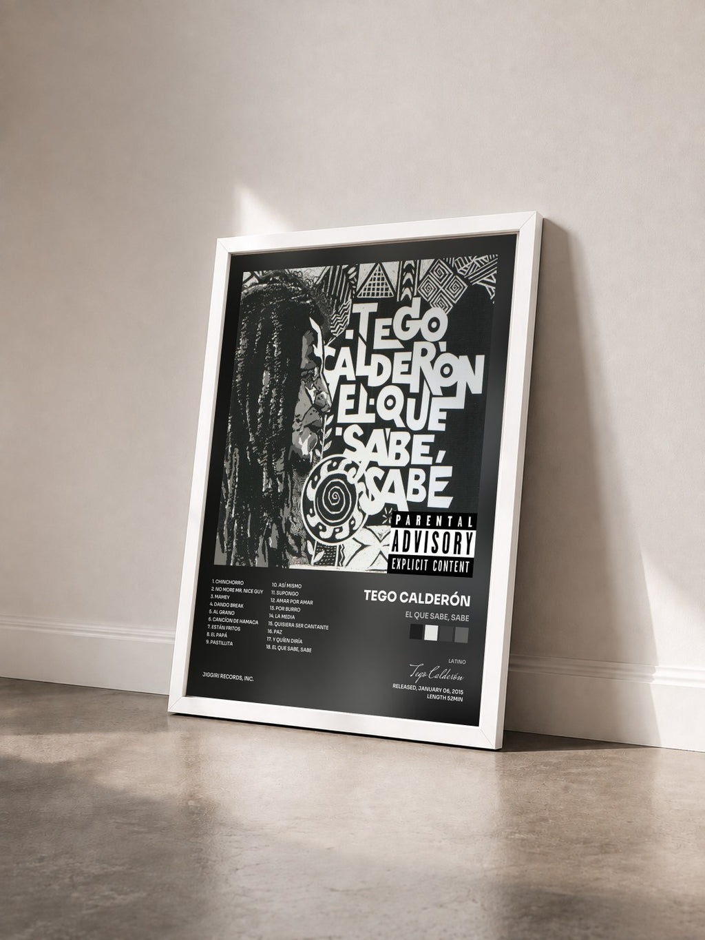 #blanc Tableau de l'album El Que Sabe, Sabe de Tego Calderón vu de trois quarts, cadre blanc