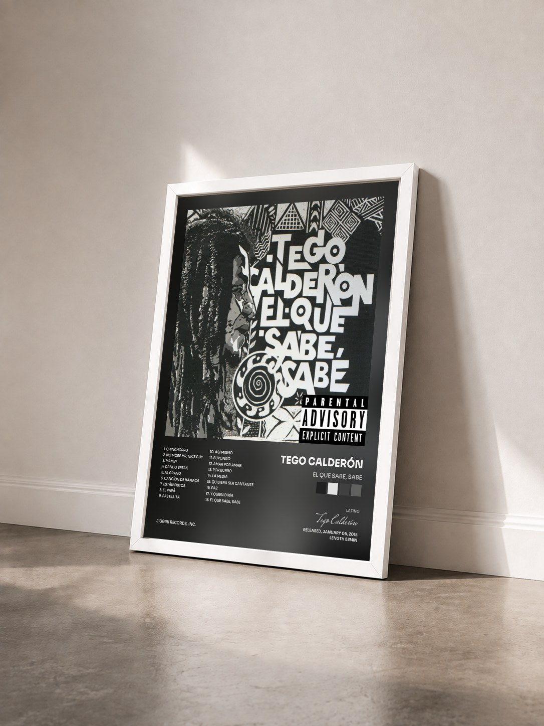 #blanc Tableau de l'album El Que Sabe, Sabe de Tego Calderón vu de trois quarts, cadre blanc