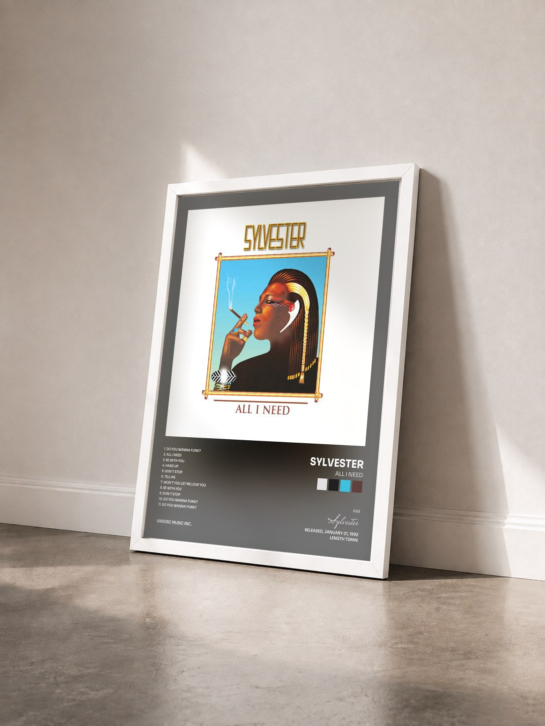 #blanc Tableau de l'album All I Need de Sylvester vu de trois quarts, cadre blanc