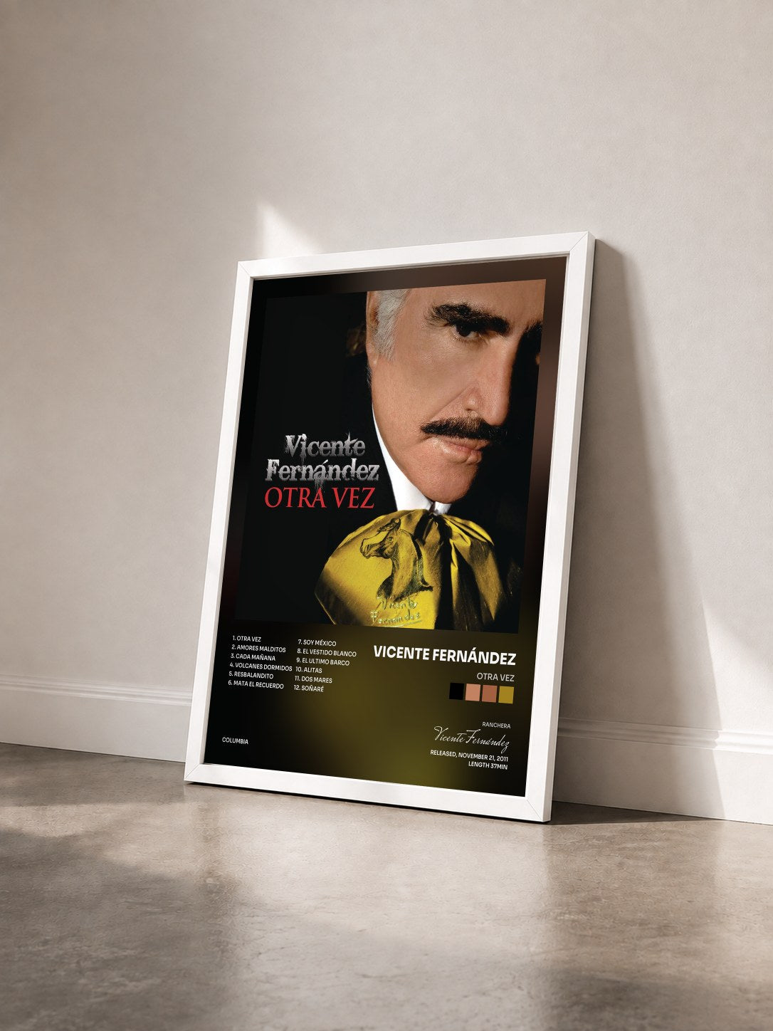 #blanc Tableau de l'album Otra Vez de Vicente Fernández vu de trois quarts, cadre blanc