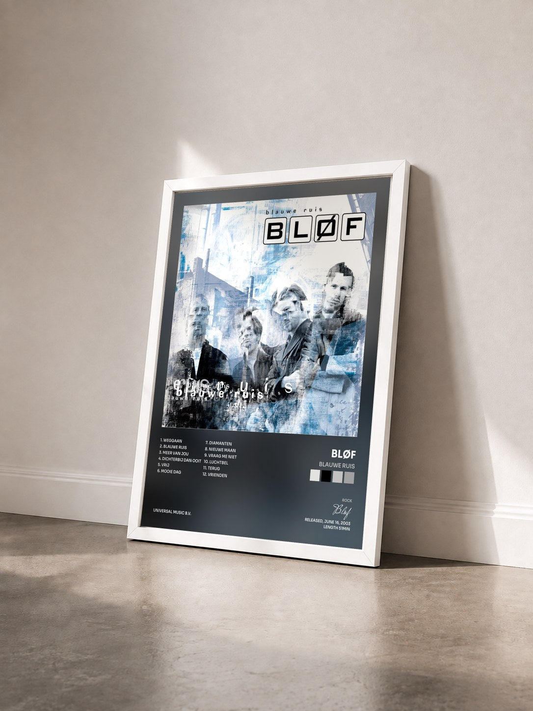 #blanc Tableau de l'album Blauwe Ruis de Bløf vu de trois quarts, cadre blanc