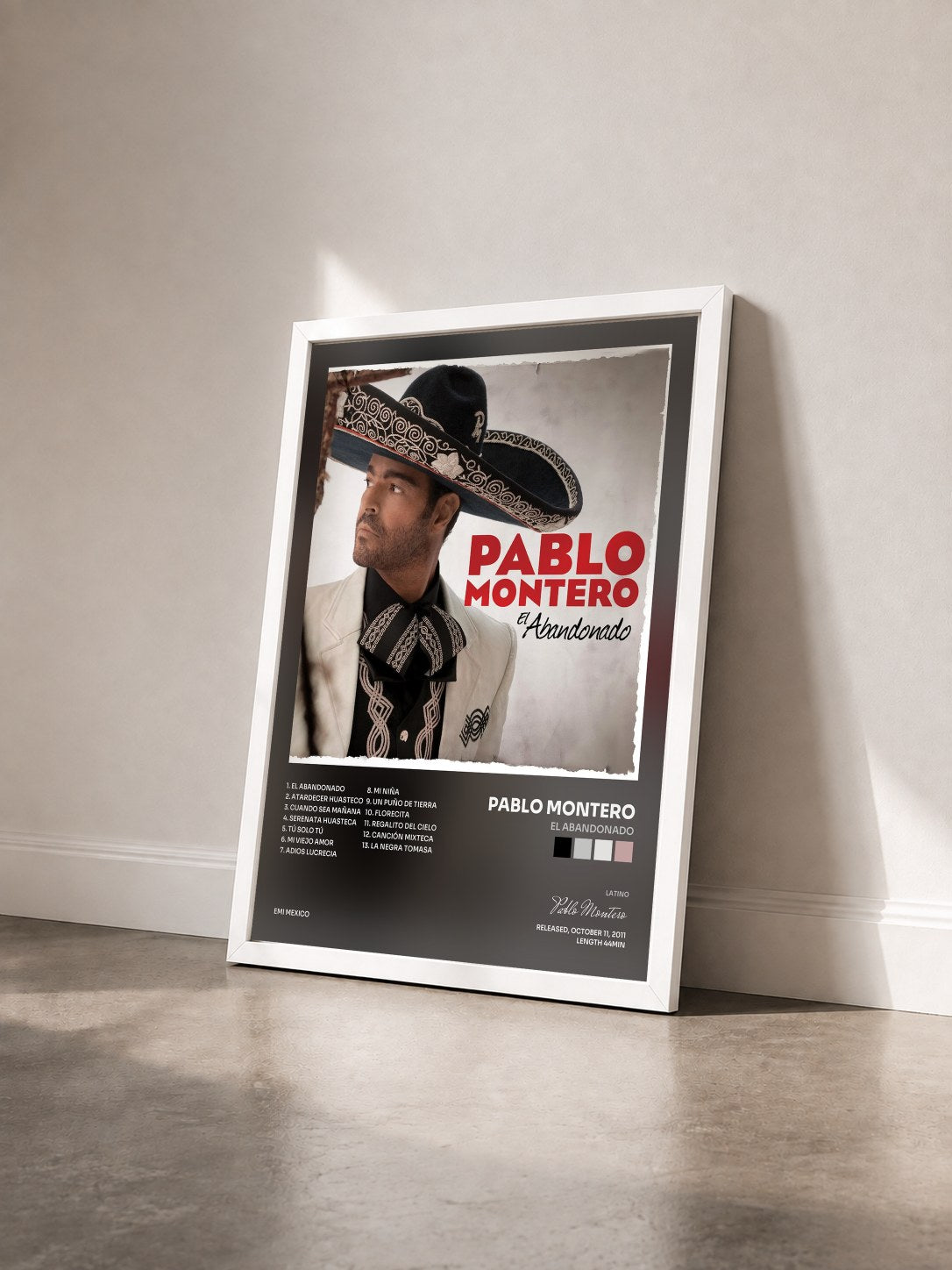 #blanc Tableau de l'album El Abandonado de Pablo Montero vu de trois quarts, cadre blanc
