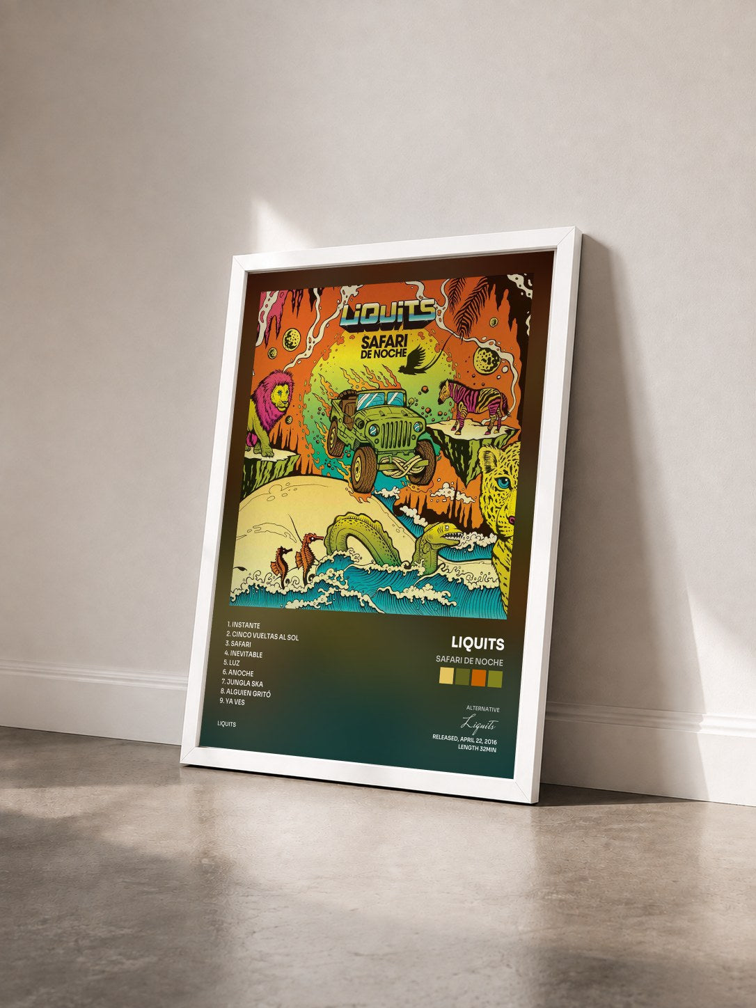 #blanc Tableau de l'album Safari de Noche de Liquits vu de trois quarts, cadre blanc