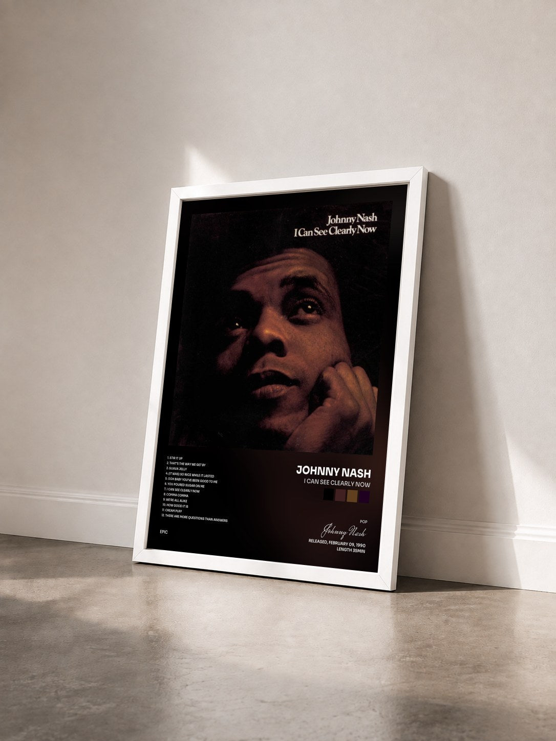 #blanc Tableau de l'album I Can See Clearly Now de Johnny Nash vu de trois quarts, cadre blanc