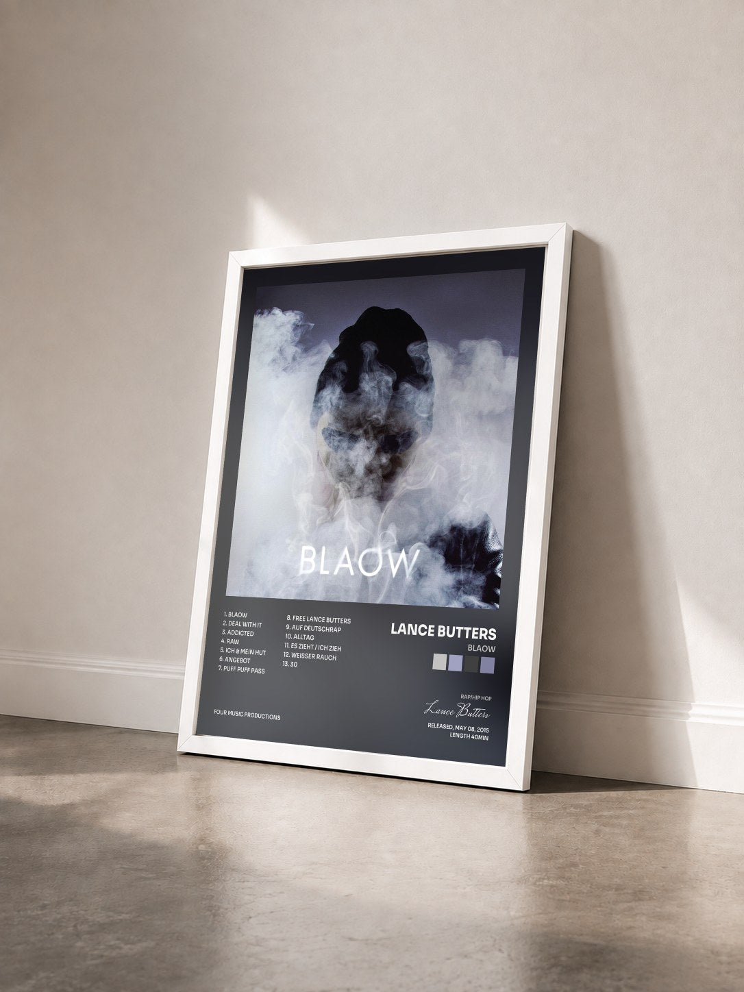 #blanc Tableau de l'album BLAOW de Lance Butters vu de trois quarts, cadre blanc