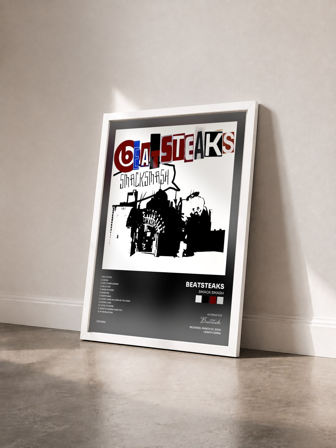 #blanc Tableau de l'album Smack Smash de Beatsteaks vu de trois quarts, cadre blanc