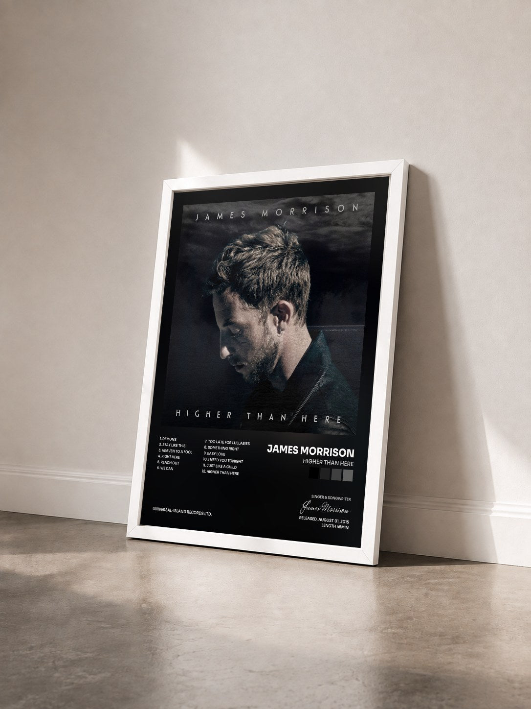 #blanc Tableau de l'album Higher Than Here de James Morrison vu de trois quarts, cadre blanc