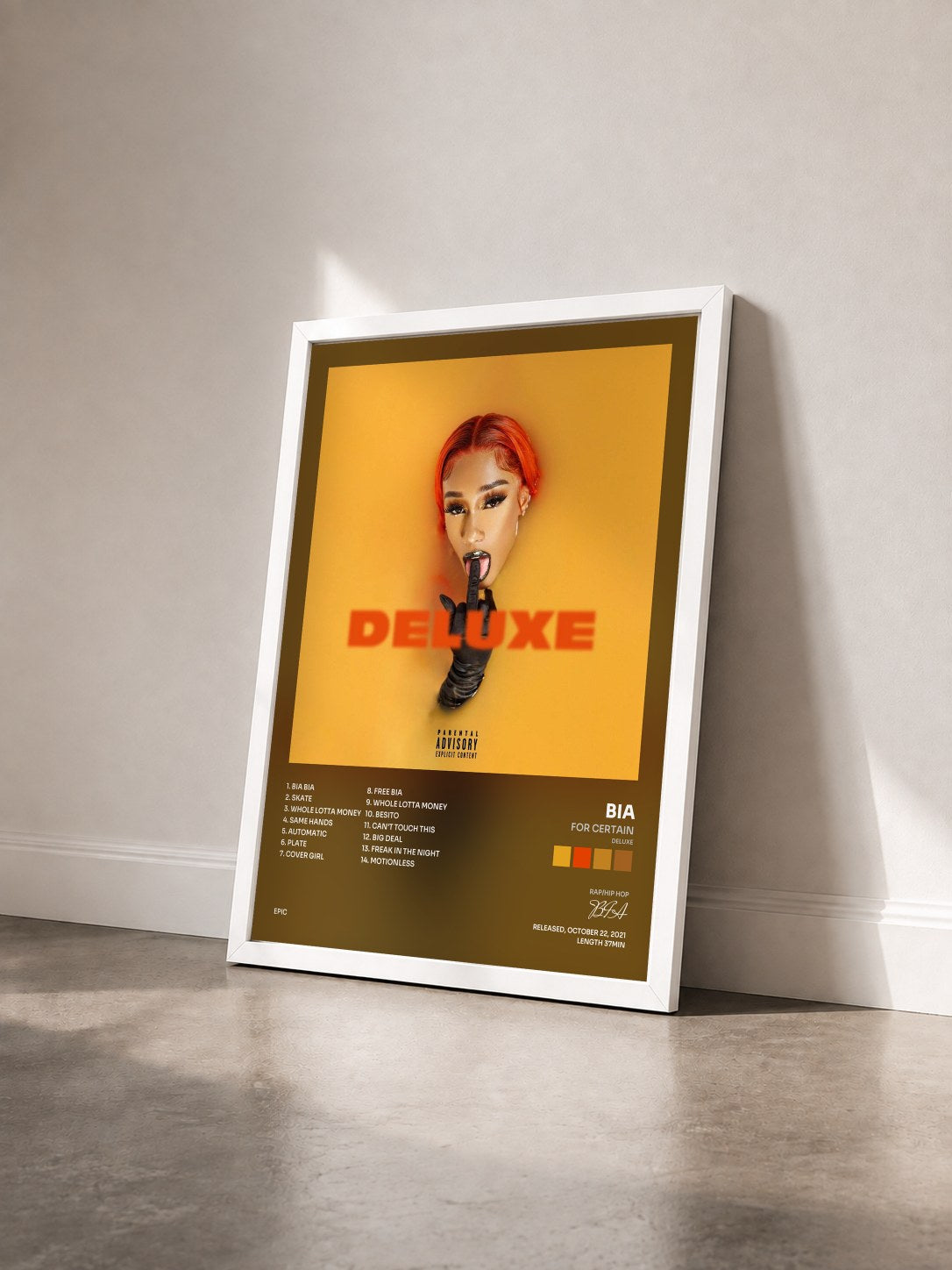 #blanc Tableau de l'album FOR CERTAIN (Deluxe) de BIA vu de trois quarts, cadre blanc