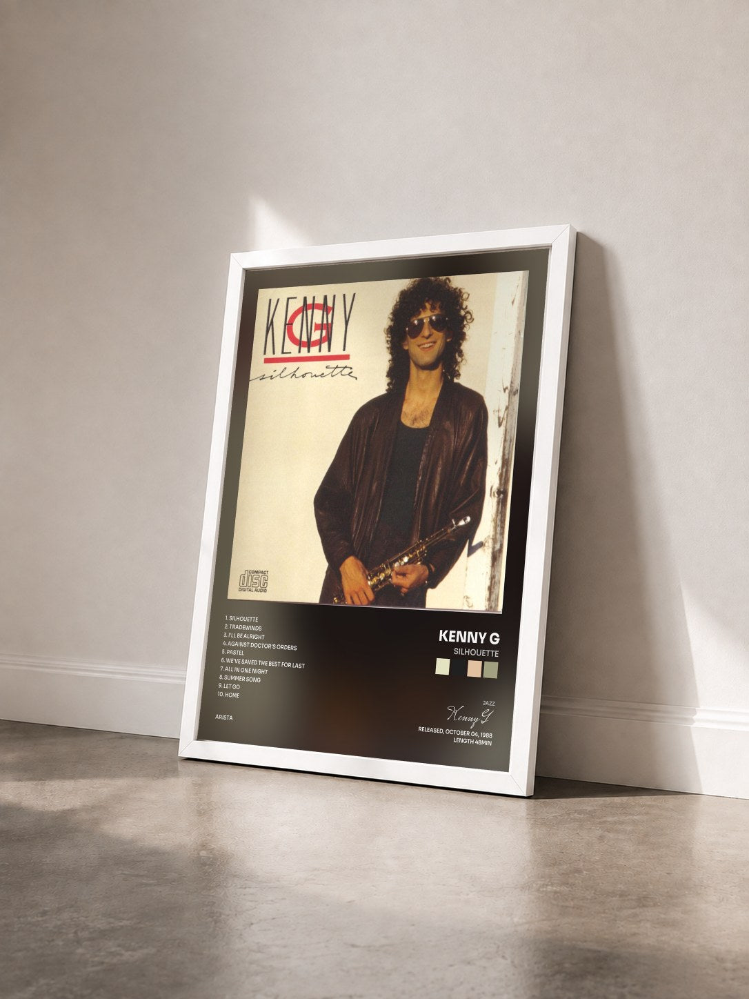 #blanc Tableau de l'album Silhouette de Kenny G vu de trois quarts, cadre blanc