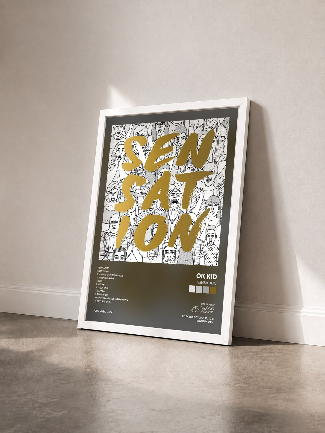 #blanc Tableau de l'album Sensation de OK KID vu de trois quarts, cadre blanc