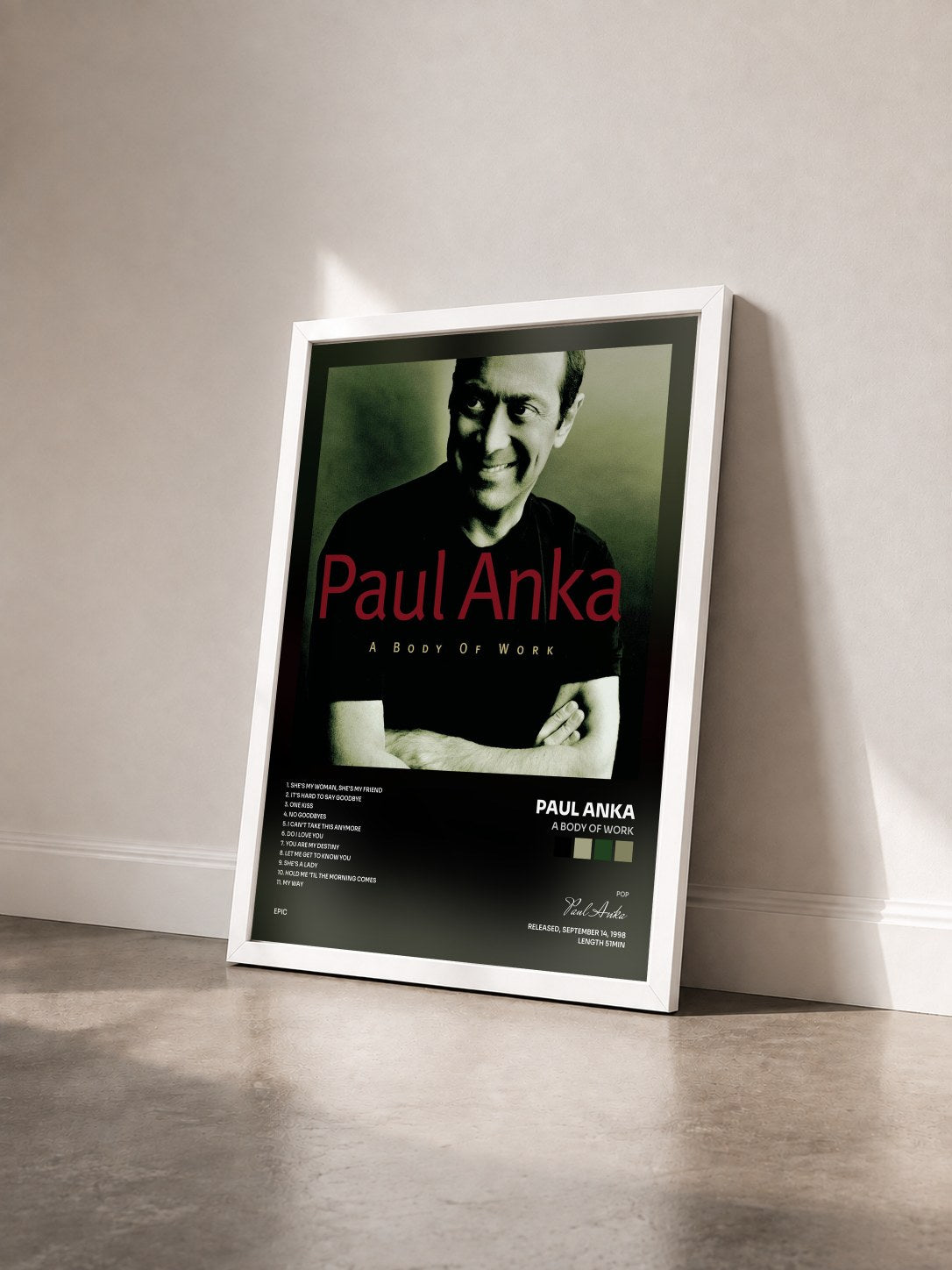 #blanc Tableau de l'album A Body Of Work de Paul Anka vu de trois quarts, cadre blanc