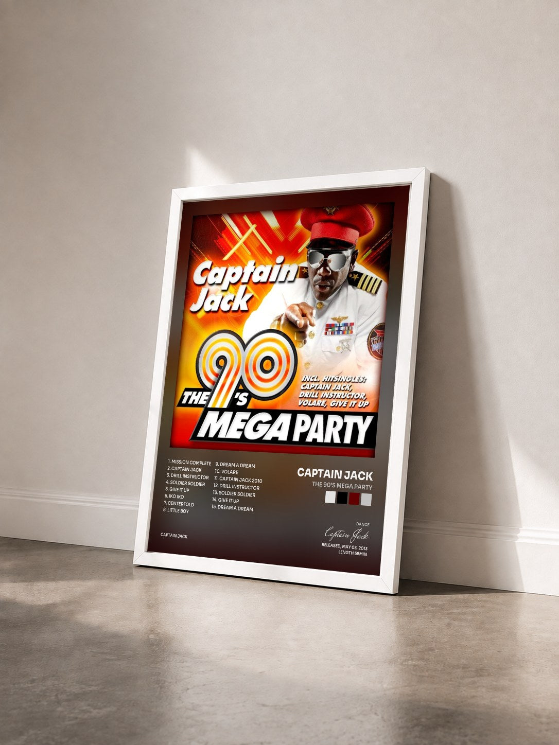 #blanc Tableau de l'album The 90's Mega Party de Captain Jack vu de trois quarts, cadre blanc