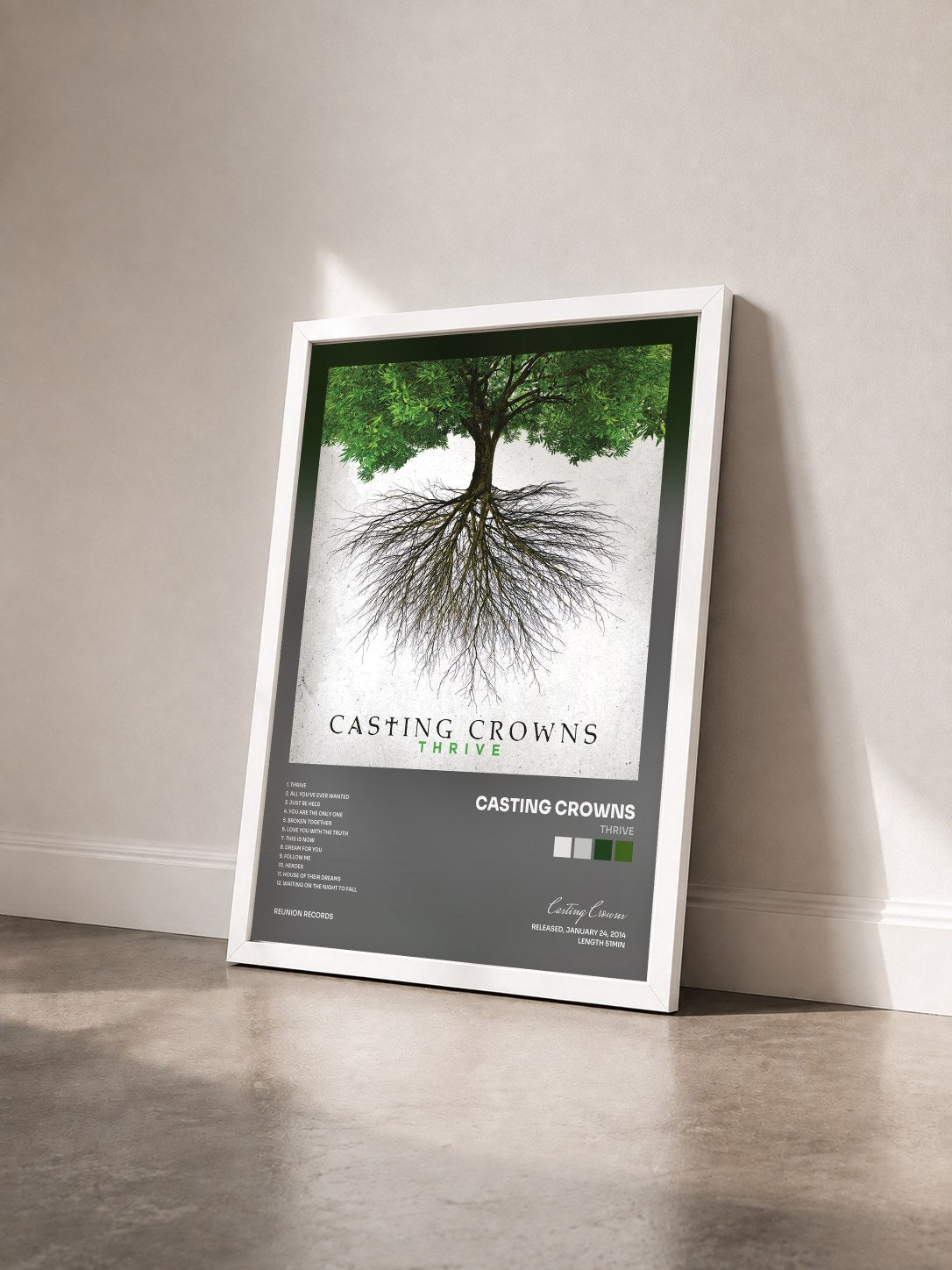 #blanc Tableau de l'album Thrive de Casting Crowns vu de trois quarts, cadre blanc
