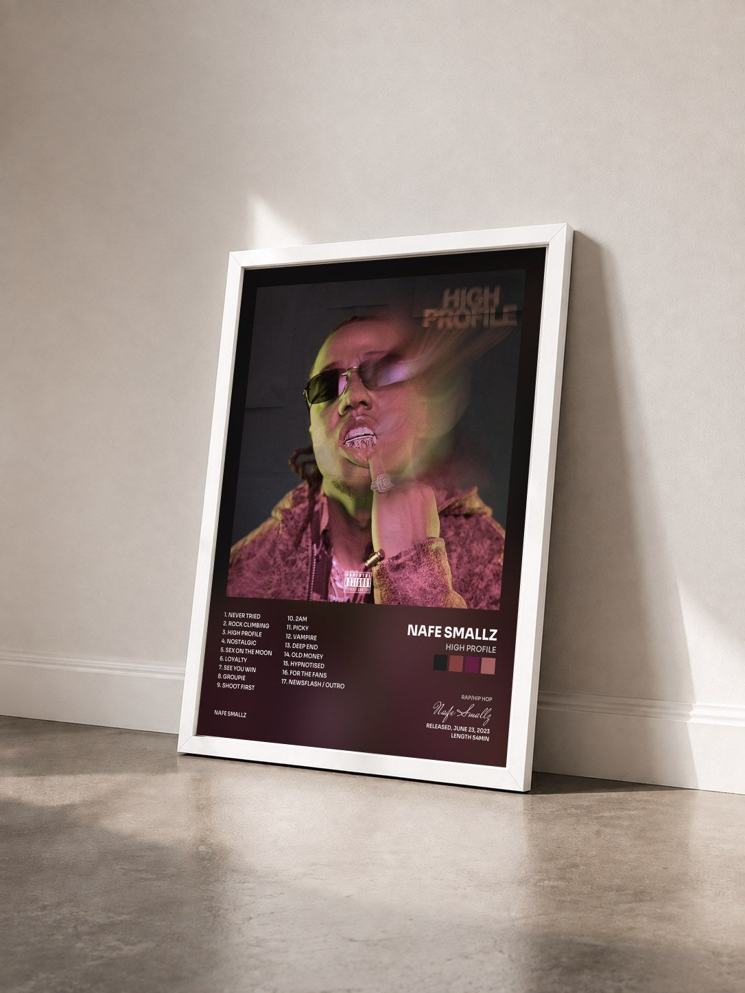 #blanc Tableau de l'album High Profile de Nafe Smallz vu de trois quarts, cadre blanc