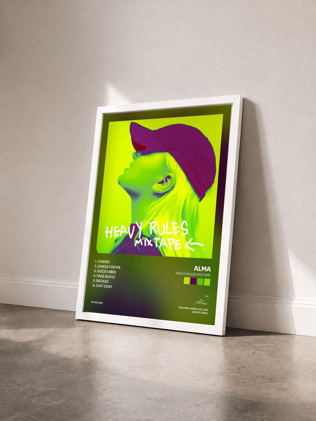 #blanc Tableau de l'album Heavy Rules Mixtape de Alma vu de trois quarts, cadre blanc