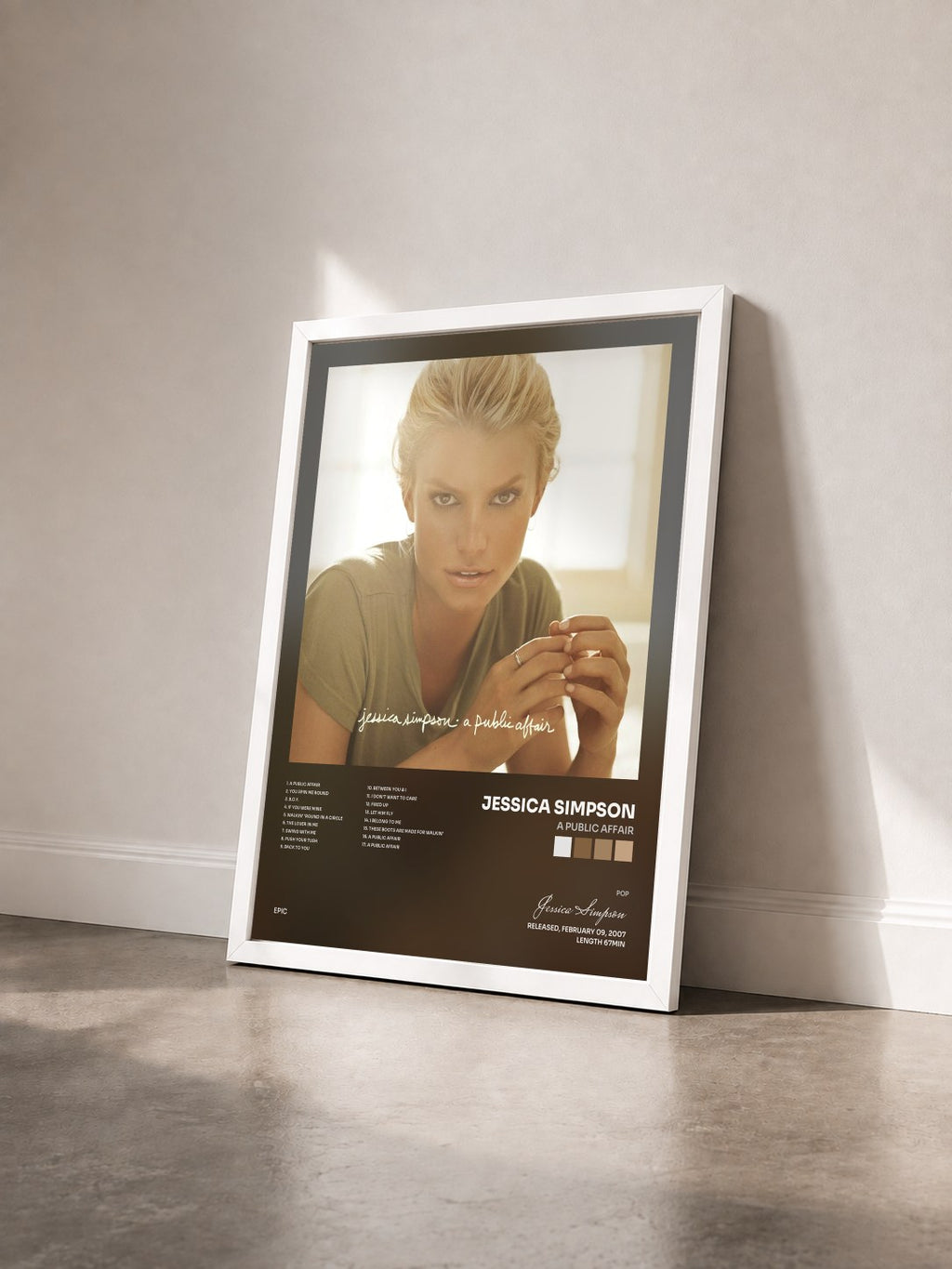 #blanc Tableau de l'album A Public Affair de Jessica Simpson vu de trois quarts, cadre blanc