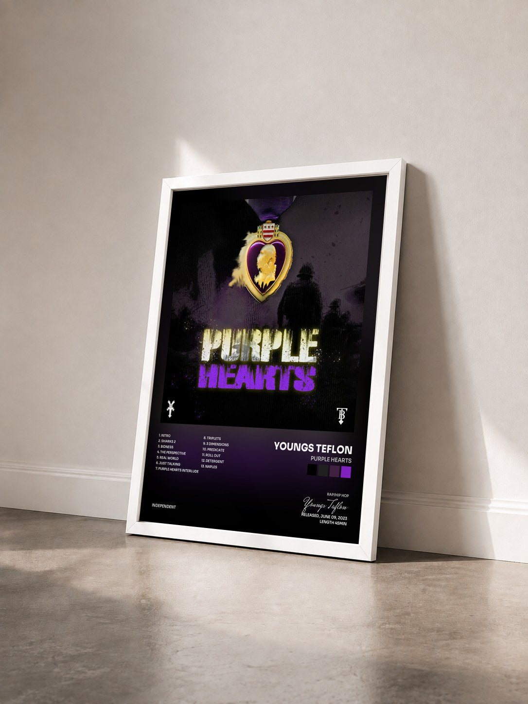 #blanc Tableau de l'album Purple Hearts de Youngs Teflon vu de trois quarts, cadre blanc