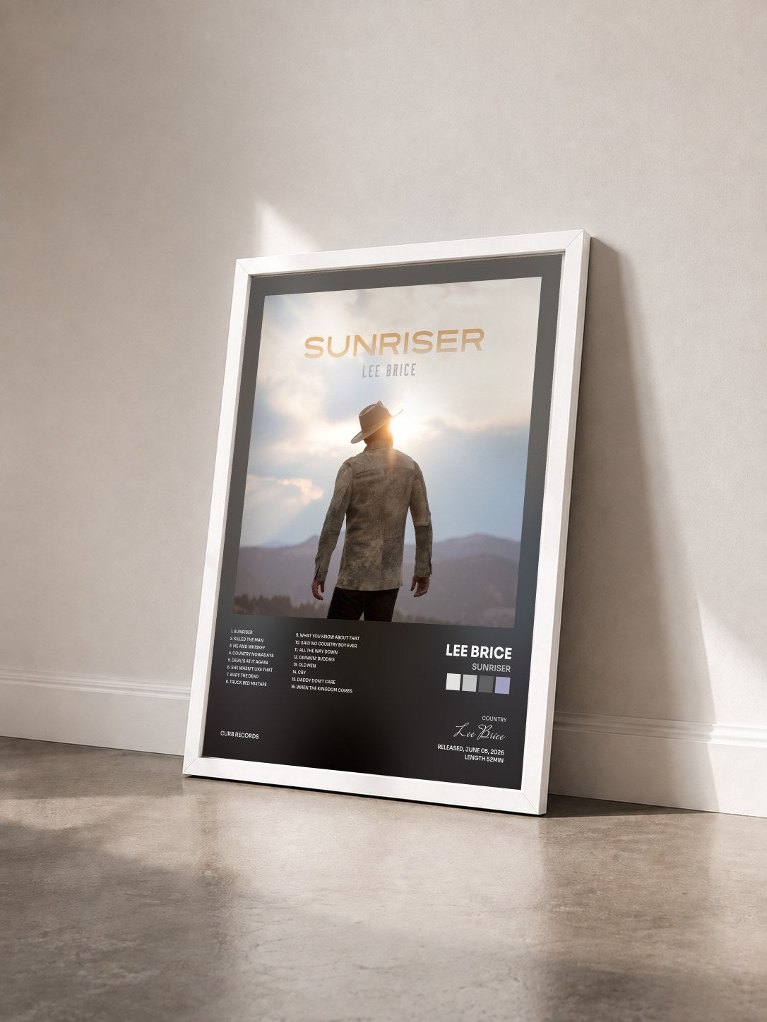 #blanc Tableau de l'album Sunriser de Lee Brice vu de trois quarts, cadre blanc