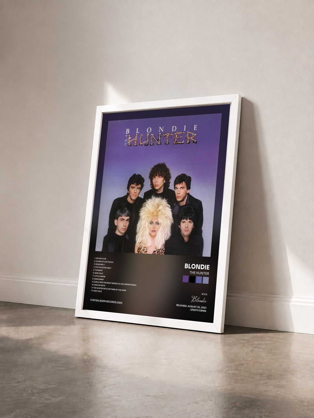 #blanc Tableau de l'album The Hunter de Blondie vu de trois quarts, cadre blanc