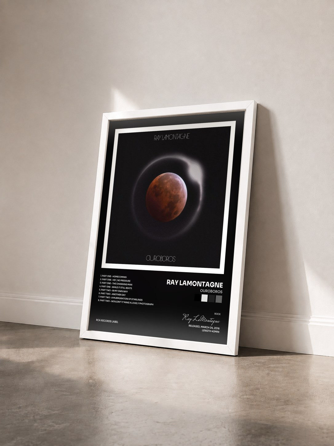 #blanc Tableau de l'album Ouroboros de Ray LaMontagne vu de trois quarts, cadre blanc